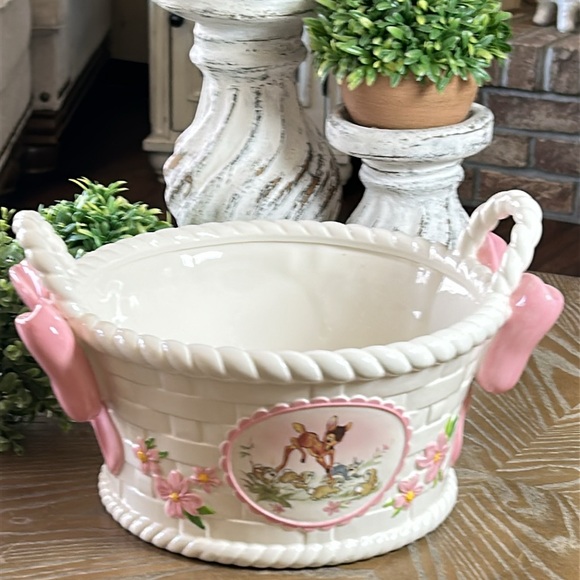 Disney Other - Walt Disney Bambi Thumper Bunny Rabbit Ceramic Weaved Easter Basket Pink Bows